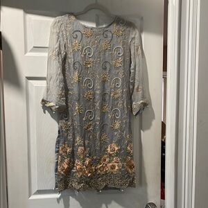 Gray Dress with Gold and Peach Embroidery